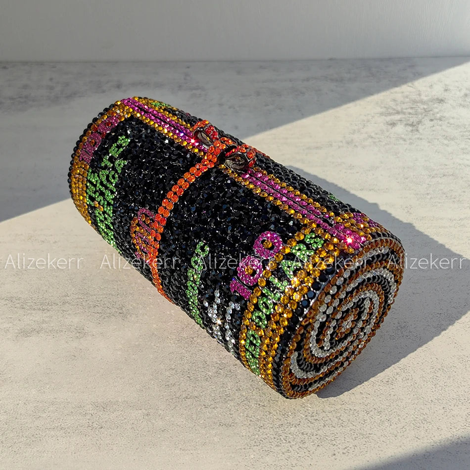 Shaped Crystal Luxury Evening Bag | Sophisticated Gorgeous Novelty Diamond Clutch | Elegant Barrel-Shaped Metallic Purse | "Dignified" Hard Shell Statement Accessory for Formal Party Styling Luxegan
