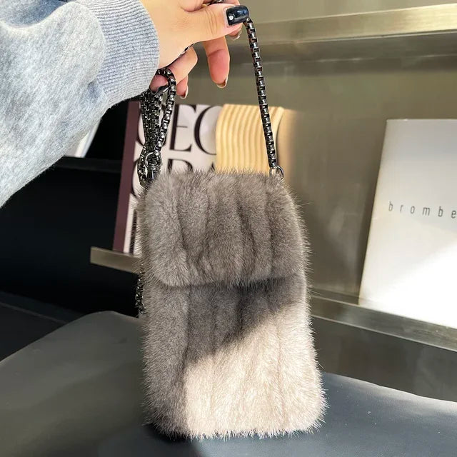 Real Mink Fur Bag Crossbody Bags For Women Phone Bag Lady Shoulder Bags Real Fur Bag Female Messenger Bag Winter Handbag Ladies Luxegan