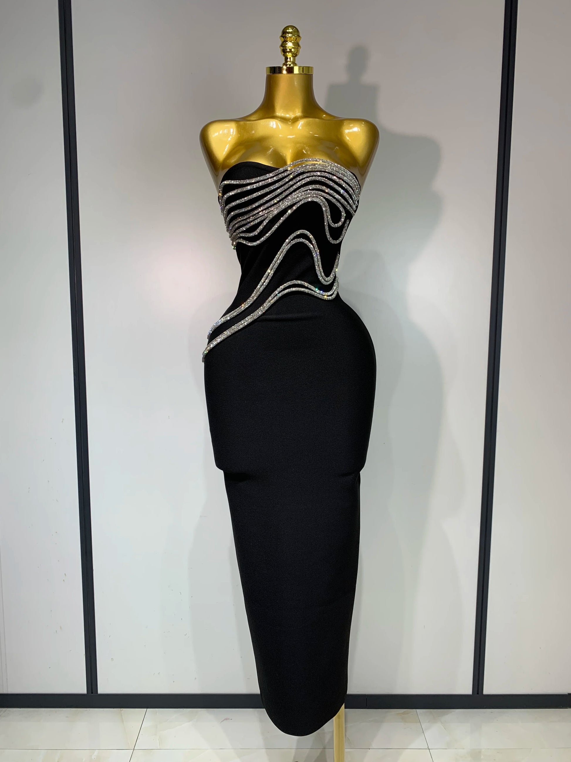 Strapless Bandage Bodycon Dress – Diamond Lines, Ankle-Length Evening Dress Luxegan