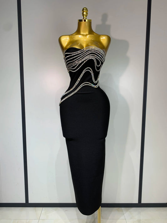 Strapless Bandage Bodycon Dress – Diamond Lines, Ankle-Length Evening Dress Luxegan