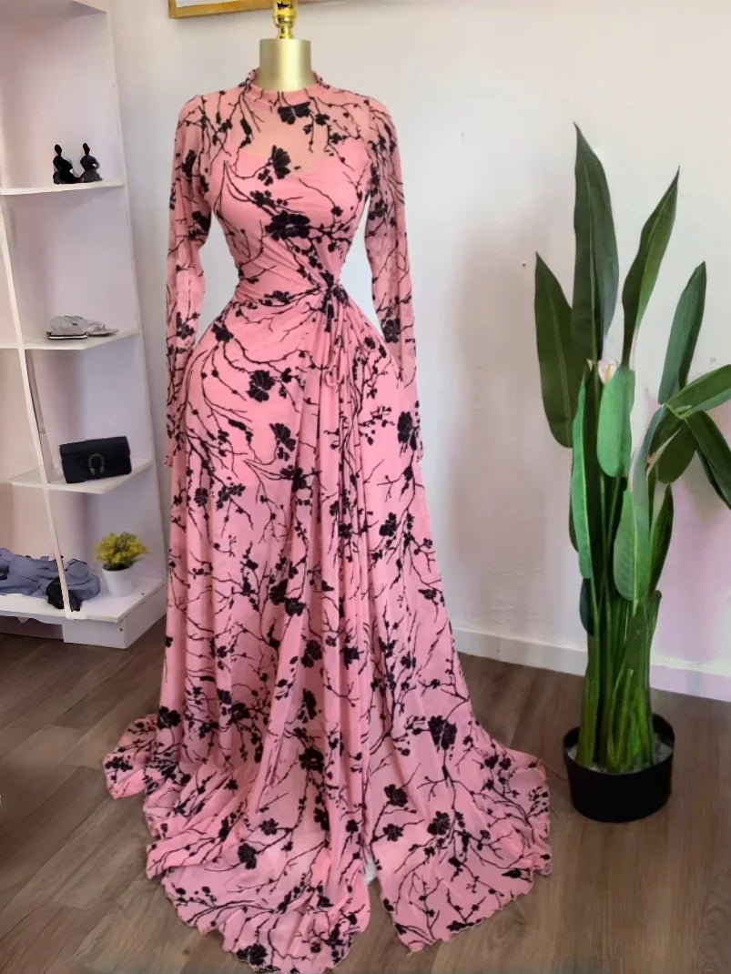 Floral Mesh Swing Maxi Dress | O-Neck Long Sleeve High Split A-Line Elegant Dress Luxegan