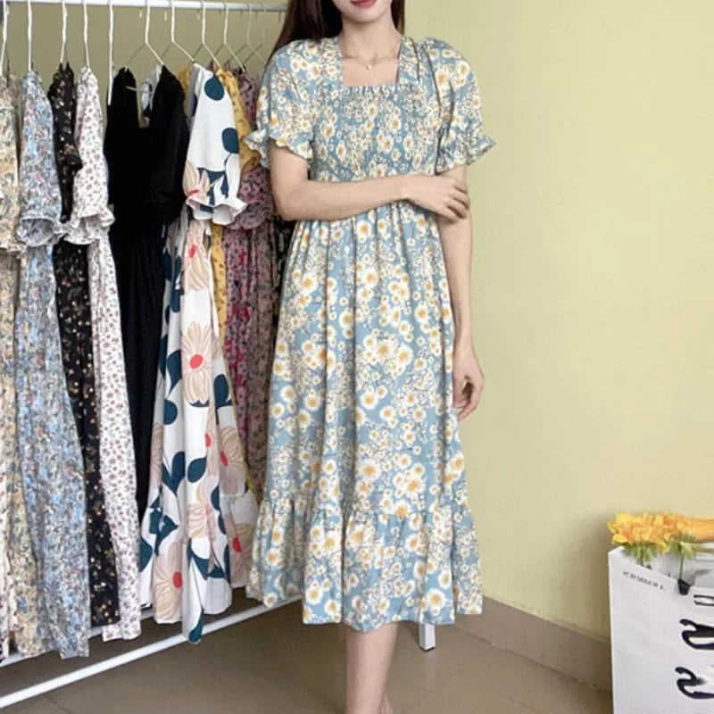 Women's Printed Chiffon Short-Sleeve Dress | Elastic-Waist Pleated A-Line Summer Dress | Slash-Neck Knee-Length Casual Slim-Fit Gown Luxegan