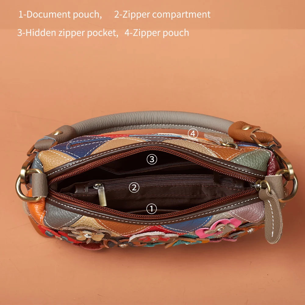 Handmade Genuine Leather Women’s Small Shoulder Bag | Ethnic Floral Patchwork Shell Bag | National Style Genuine Leather Crossbody with 2 Interchangeable Straps Luxegan