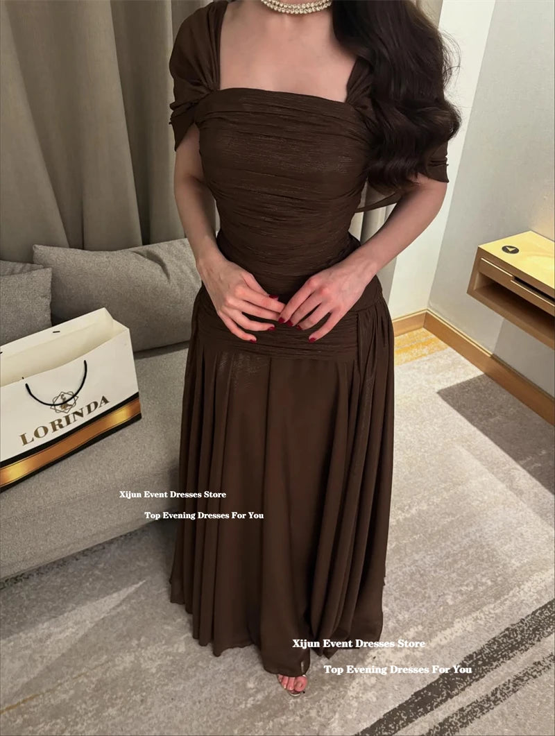 Xijun Elegant Brown Chiffon Evening Dresses Off The Shoulder A-Line Formal Prom Dresses Pleated Saudi Arabia Prom Gown Customize