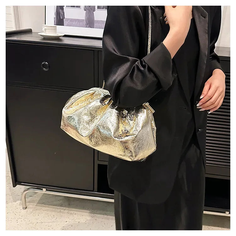 Small Luxury Design Women's Leather Silver Cloud Bag | Gold Crossbody & Ladies Party Clutch Purse (Sequined, Ruched Handbag) Luxegan