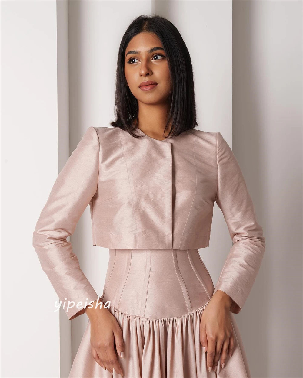 Draped Satin A-Line Engagement Dress | Bespoke Occasion Ankle-Length Gown | Modern Full-Sleeve O-Neck Non-Spot Evening Dress Luxegan
