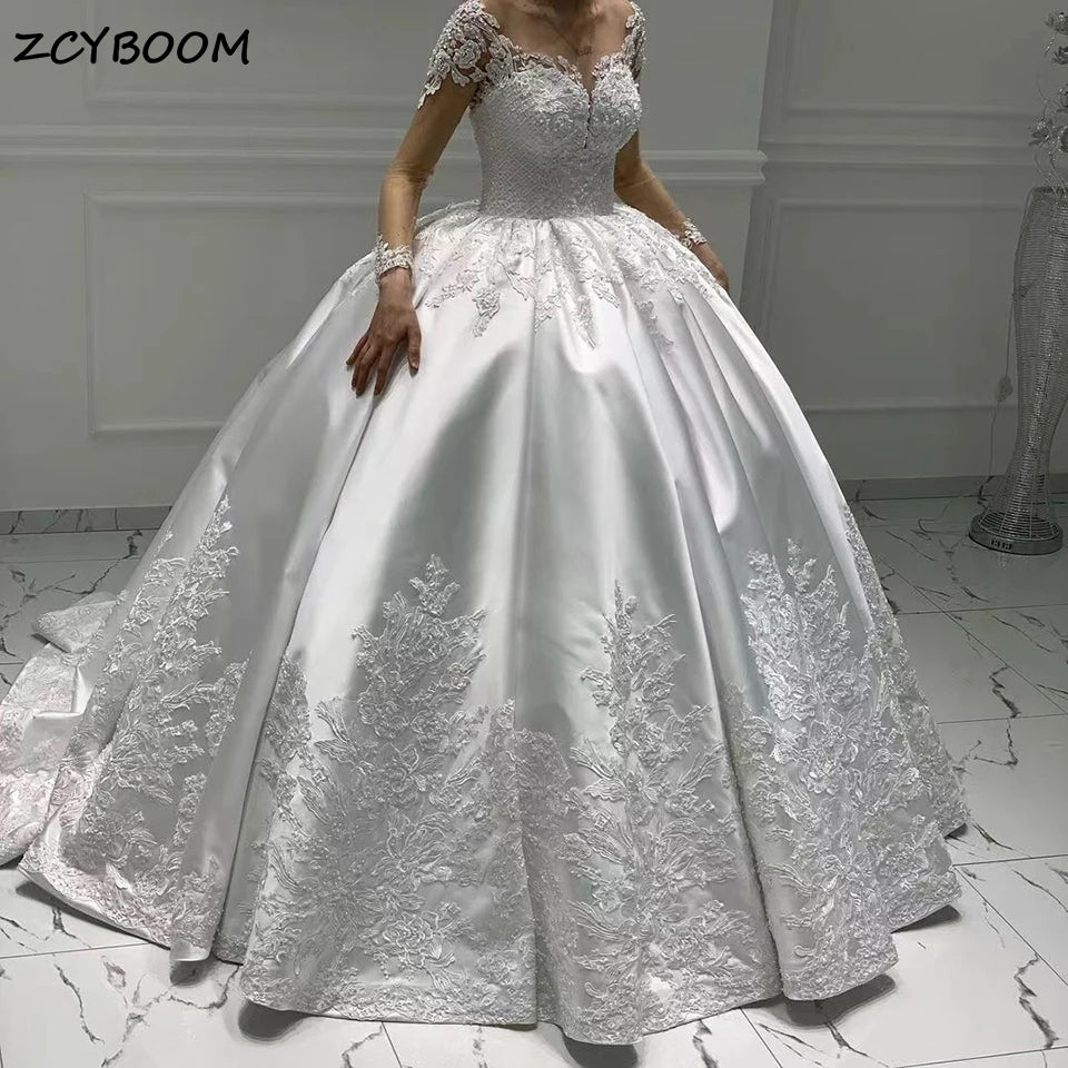 Customized Satin Ball Gown Long Sleeves Wedding Dress 2026 Princess Lace Appliques Pearl Beaded Bride Gown Vestido De Novia
