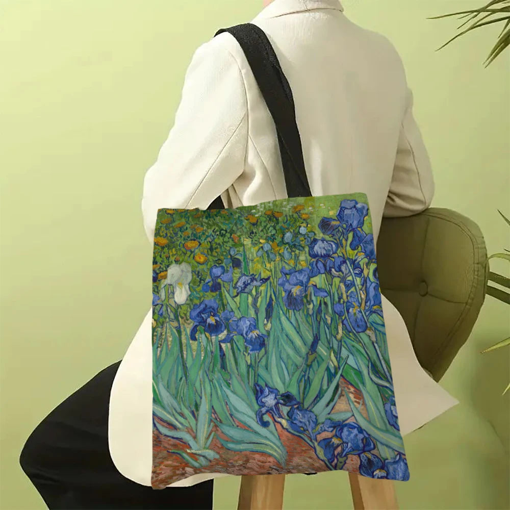 Oil Painting Printed Lightweight Tote | Sophisticated Artistic Linen-Look Handbag | Elegant Multi-Functional
