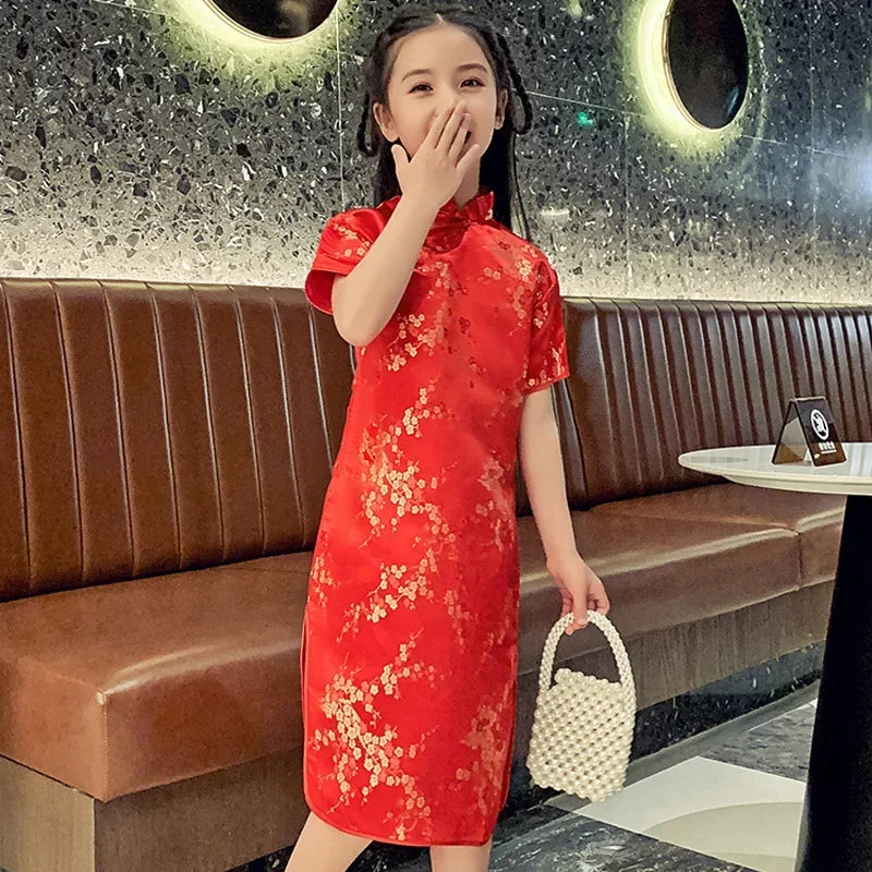 Modern Cheongsam Dress for Girls | Summer Casual Chinese Style Qipao Costume | Short-Sleeve Knee-Length Straight Silhouette Dress for Kids Luxegan