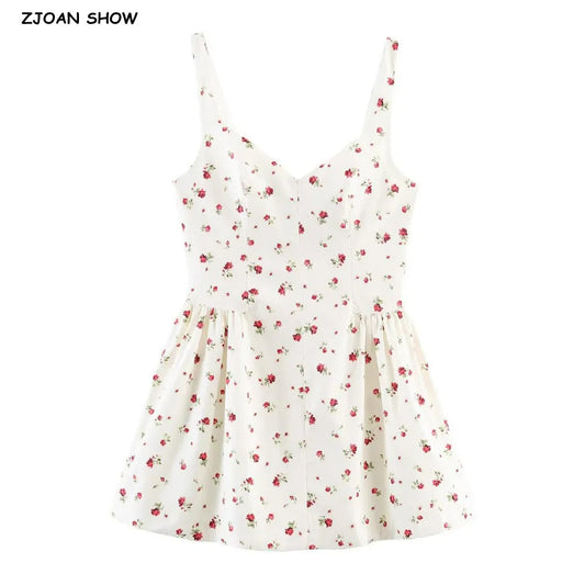 Sexy Beige With Red Floral Print V Collar Sling Mini Dress Women Backless Low Waist Ruched Swing Dresses Femme Vestidos Robe