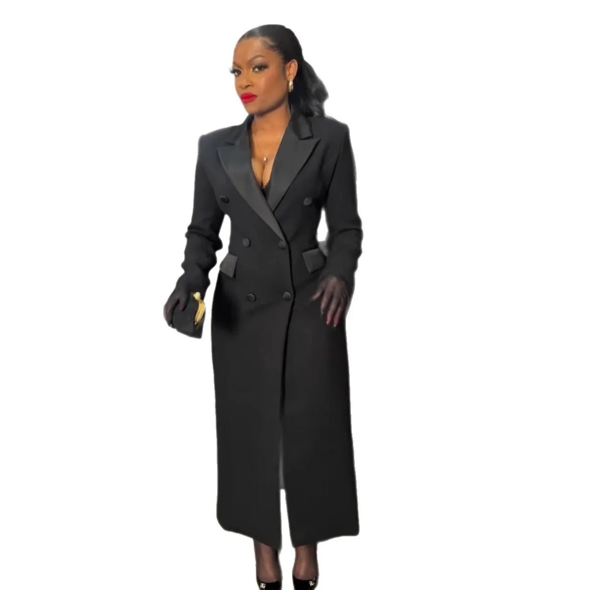 Double-Breasted Notched Lapel Long Sleeve Maxi Dress – Slim Sheath, Empire Waist Luxegan
