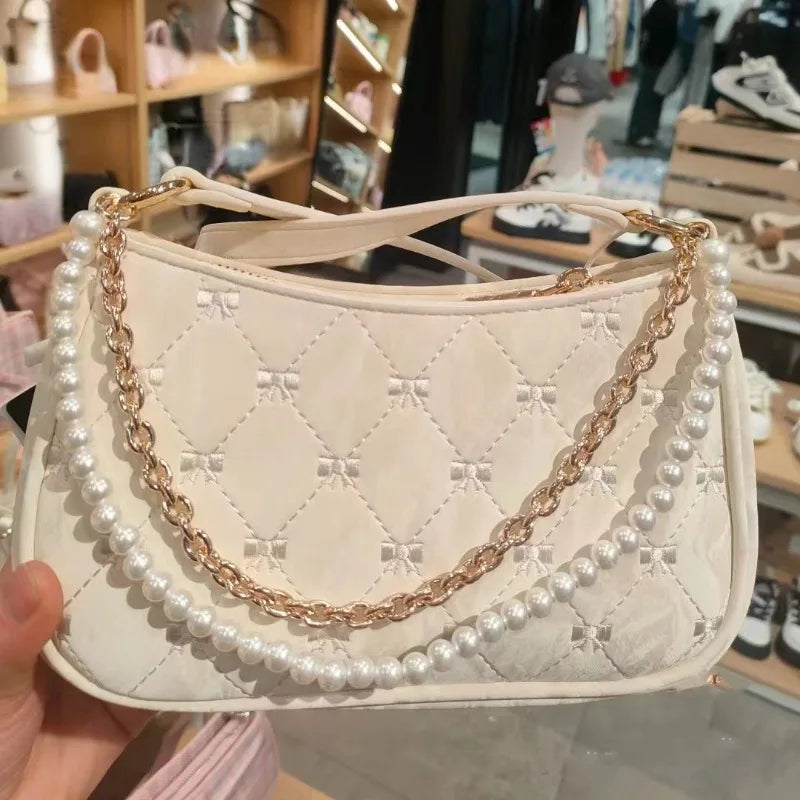 Women's Shoulder Bag | Elegant Cute Bow Pearl Chains & Embroidery Handbag (Casual Leather Korean Fashion Female Handbag) Luxegan