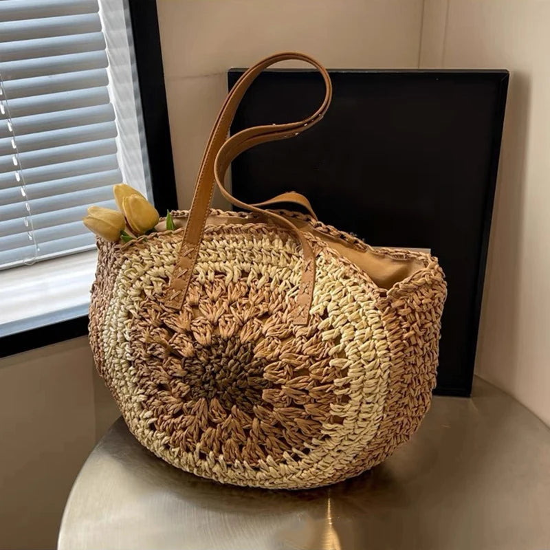 Round Straw Casual Tote Bag | Sophisticated Woven Beach Vacation Handbag | Elegant Holiday Travel Purse | "Dignified" Hard-Shell Circular Bag for Versatile Summer Styling Luxegan