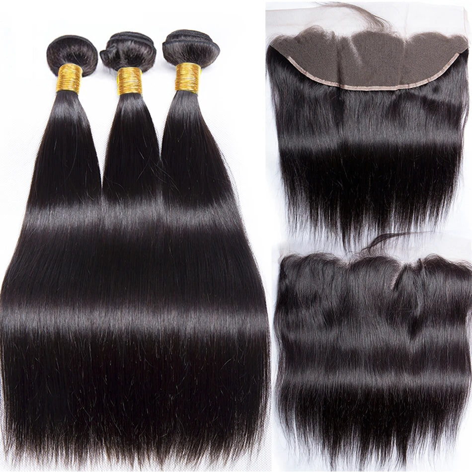 Peruvian Straight Virgin Human Hair Bundles with 13x4 Lace Frontal | 30-Inch Long Straight Bundles with Ear-to-Ear Swiss Lace Closure | Premium 4-Piece Hand-Tied Hair Weaving Multipack