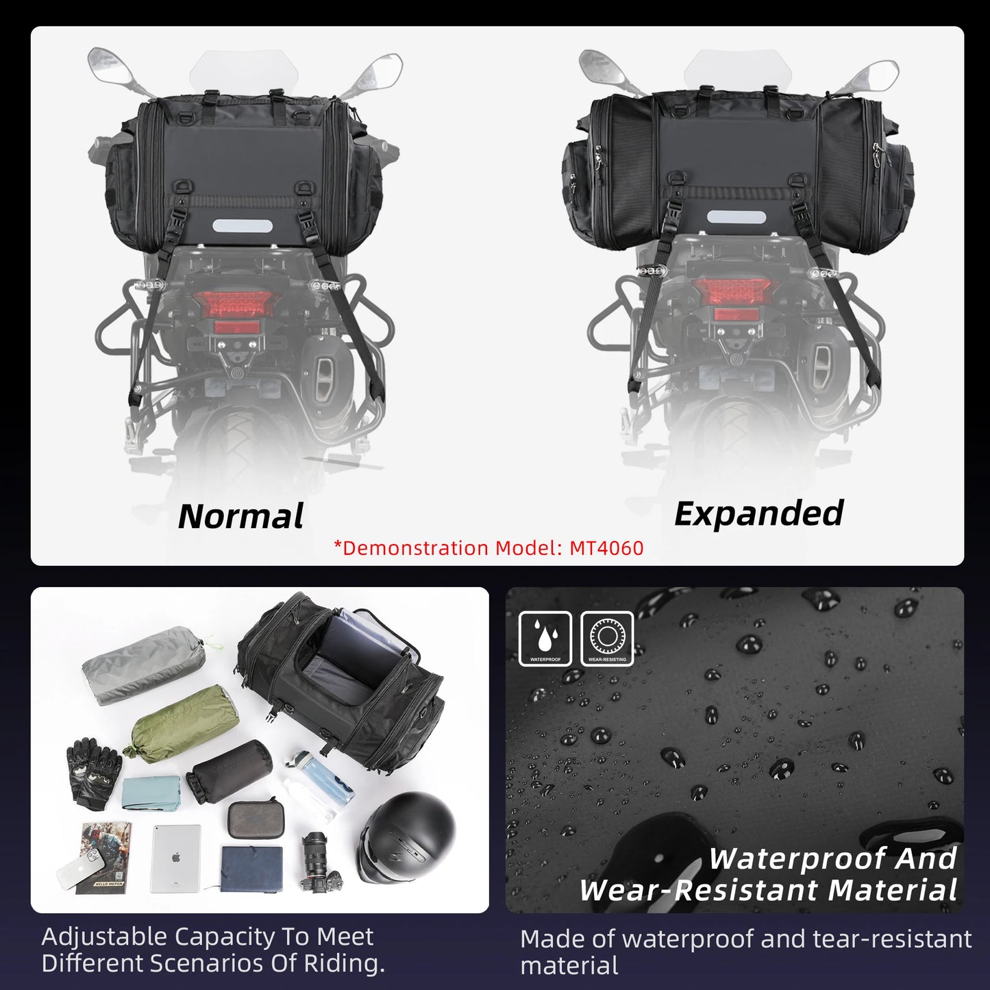 Motorcycle Rear Seat Travel Bag & Expandable Luggage | Heavy-Duty Waterproof Motor Tail Trunk Rack Bag | Premium High-Capacity 19L-80L Moto Storage | Models MT4026 / MT4045 / MT4060 / MT4080 Luxegan