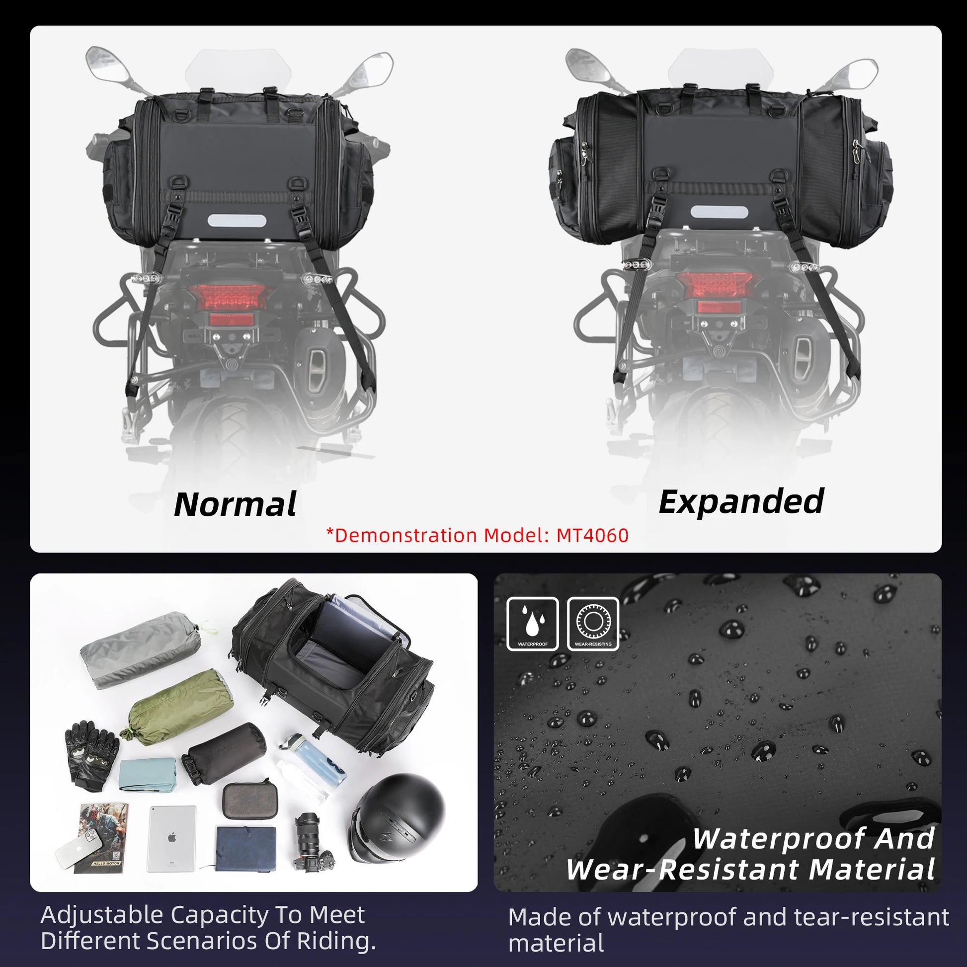 Motorcycle Rear Seat Travel Bag & Expandable Luggage | Heavy-Duty Waterproof Motor Tail Trunk Rack Bag | Premium High-Capacity 19L-80L Moto Storage | Models MT4026 / MT4045 / MT4060 / MT4080 Luxegan