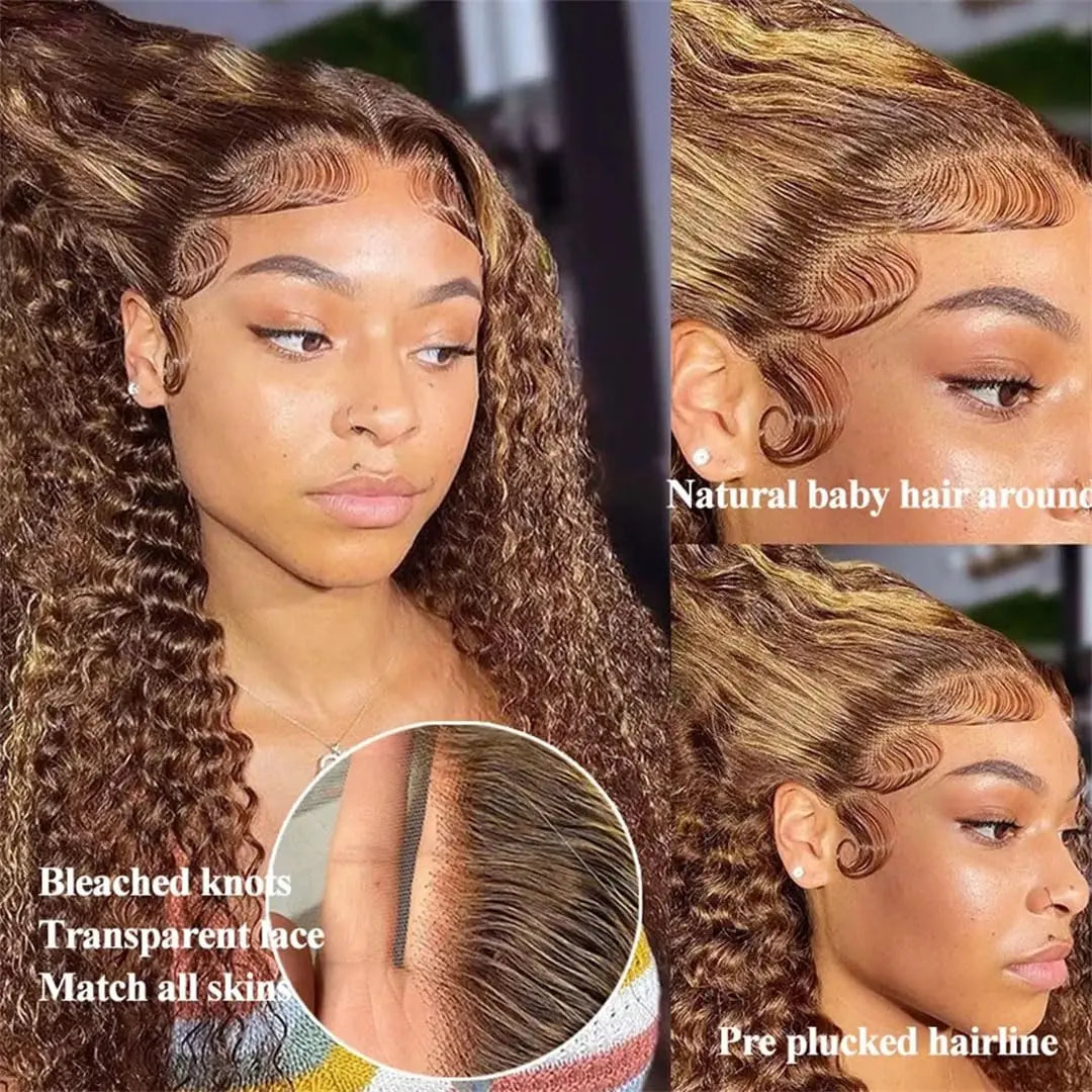 Honey Blonde Highlight Water Wave Wig | Sophisticated 13x6 & 13x4 HD Transparent Lace | Elegant "Brazilian Remy" 26+ Inch Length | "Dignified" Pre-Plucked Deep Wave Human Hair for Radiant Versatile Styling Luxegan