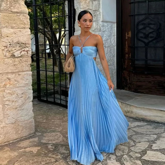 Women's Hollow Out Sleeveless Backless Pleated Party Dress – A-Line Maxi