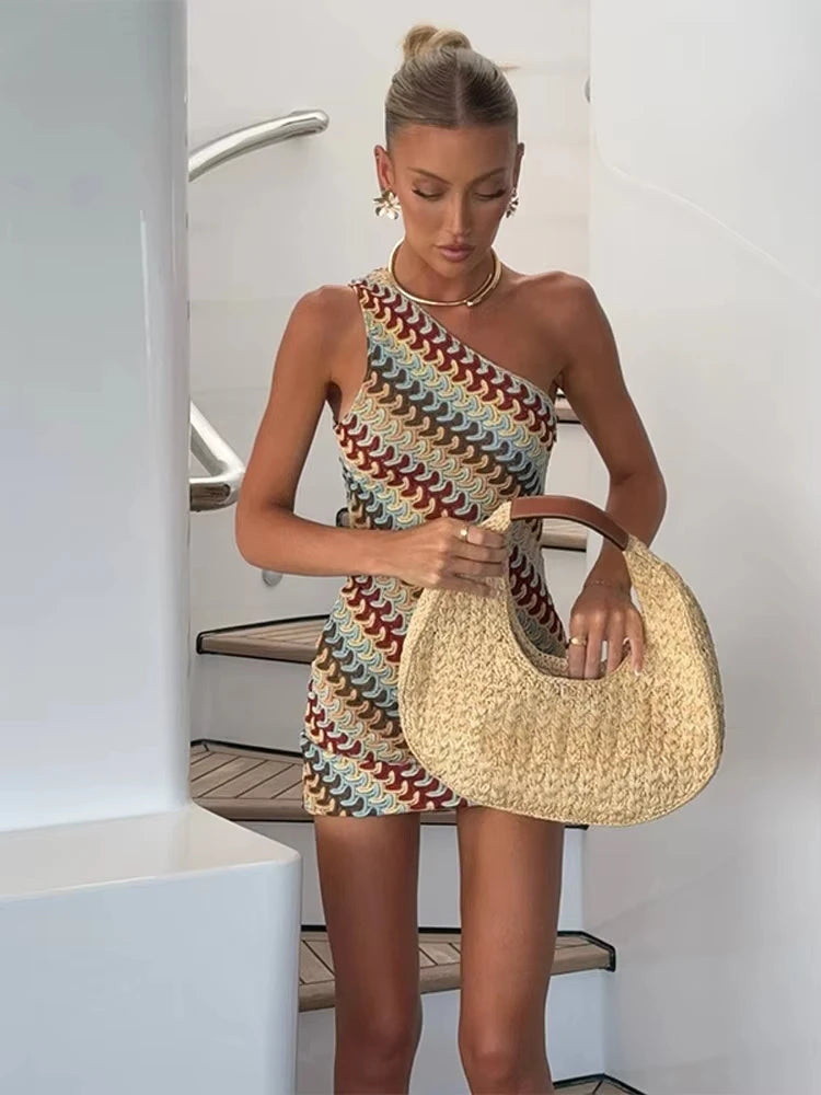 Striped One-Shoulder Backless Mini Dress – Asymmetric, Slim A-Line, Summer Luxegan