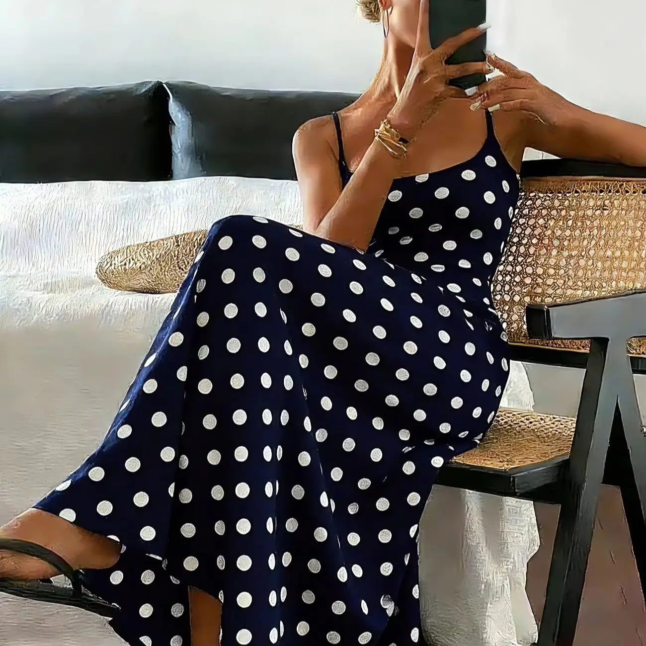 Polka Dot Asymmetric Maxi Dress | Sleeveless Slim Fit Elegant Casual Floor-Length Dress Luxegan