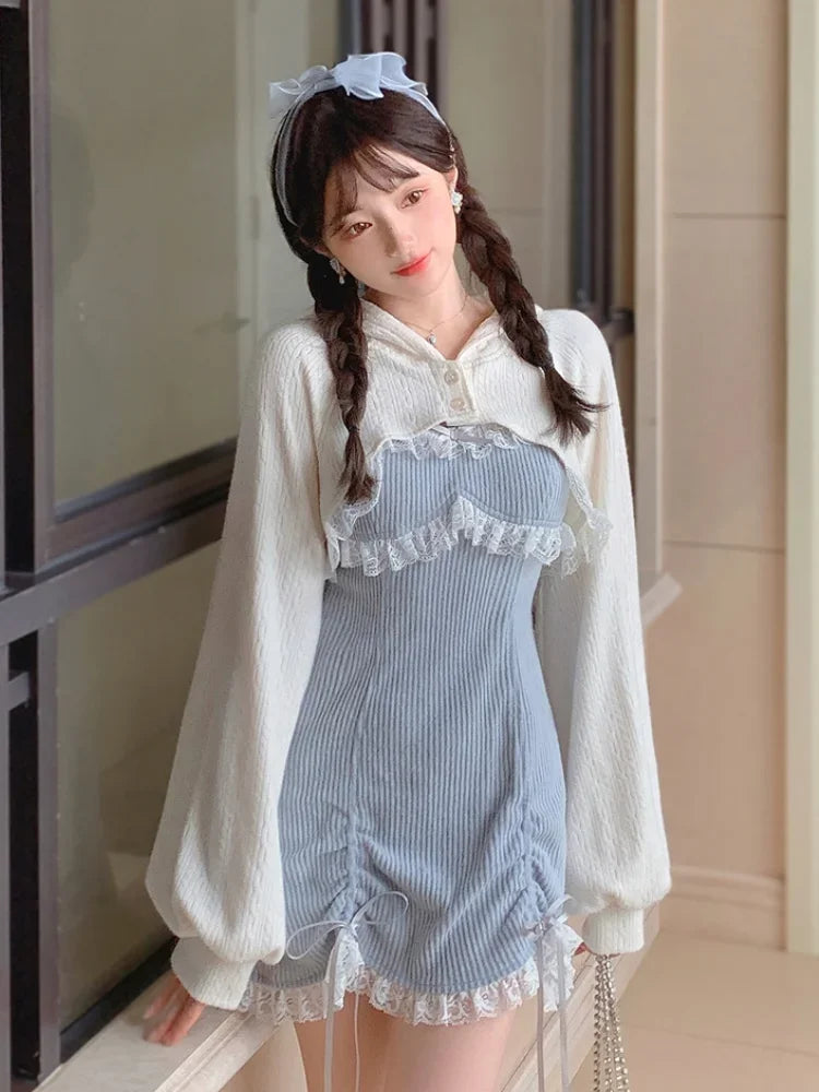Bow-Detail Patchwork Strapless Mini Dress & Cardigan Set – Empire Waist, Sweet, Winter Luxegan