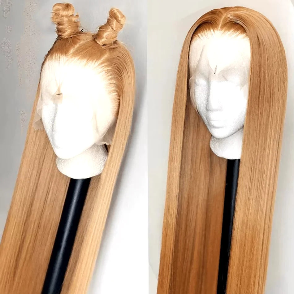 250% Density Honey Blonde Straight Wig | Sophisticated 13x6 HD Lace Frontal | Elegant #27 Colored Brazilian Human Hair | "Dignified" 26+ Inch Pre-Plucked Remy Hair for Radiant Versatile Styling Luxegan