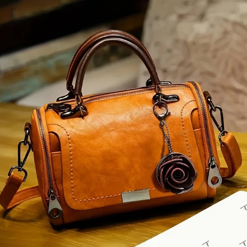 Fashion New Women's Handbag with Flower Decoration | Soft PU Leather Single Shoulder Crossbody Boston Bag Luxegan