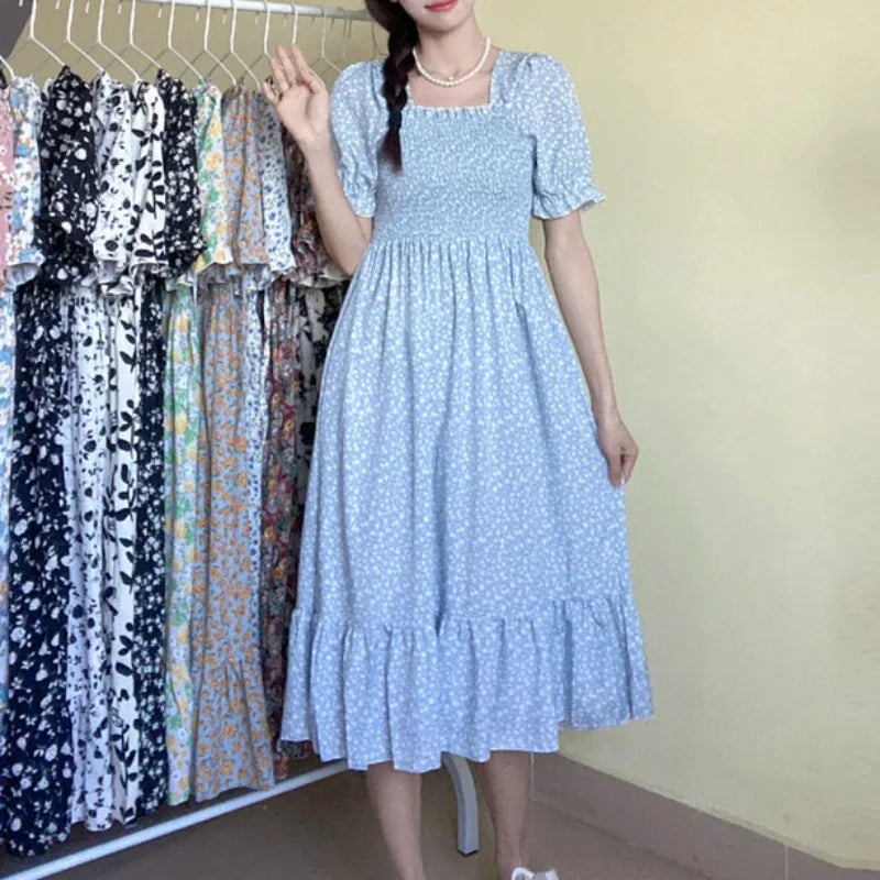 Women's Printed Chiffon Short-Sleeve Dress | Elastic-Waist Pleated A-Line Summer Dress | Slash-Neck Knee-Length Casual Slim-Fit Gown Luxegan