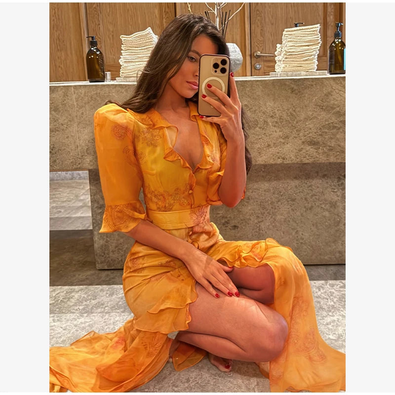 Floral V-Neck Puff Sleeve Ruffle Regular Fit Fit-and-Flare Ankle-Length Dress – Elastic Waist, Spring/Summer Luxegan