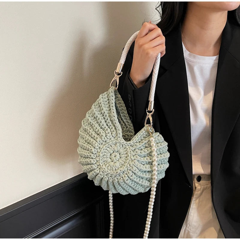 Crochet Conch Shell Bag | Elegant Pearl Chain Crossbody Purse Luxegan