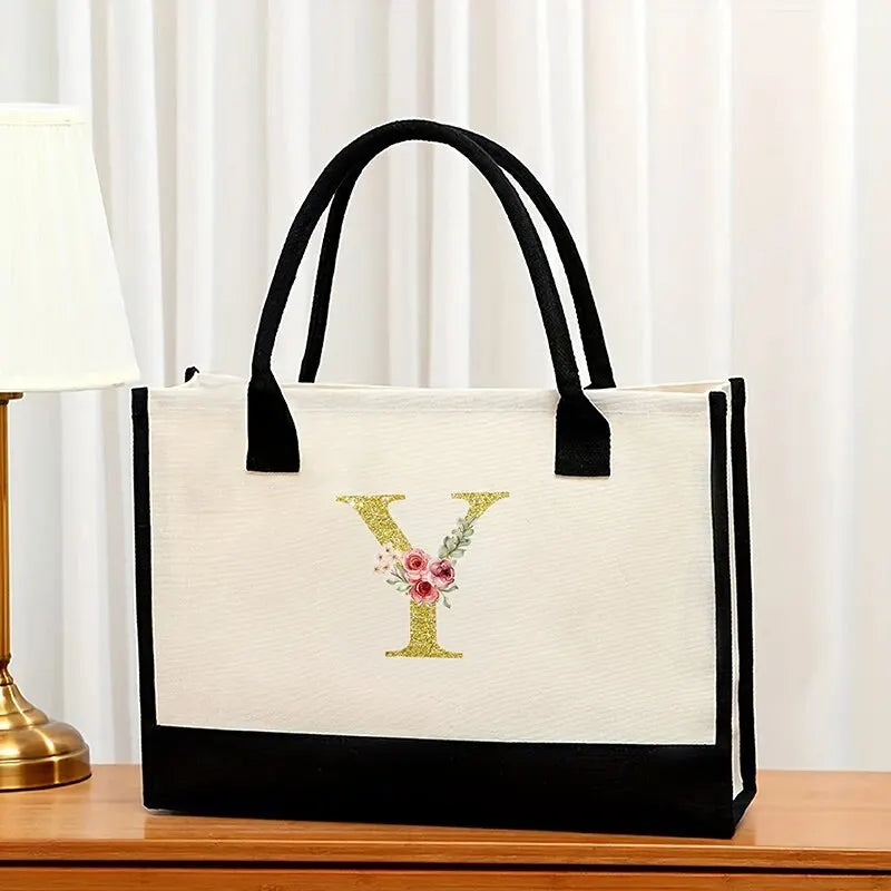 Canvas Gold Letter Fashion Tote Bag | Trendy Metallic Initial Handbag | Large Capacity Canvas Shopping Bag & Daily Satchel for Women Luxegan