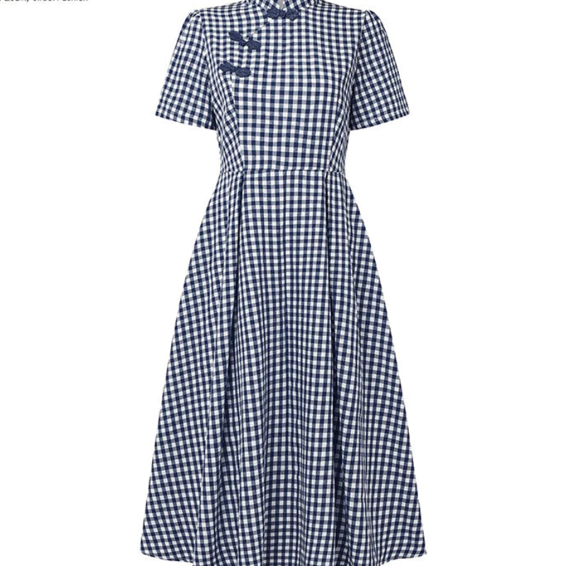 Plaid Stand Collar Short Sleeve Frog Button Regular Fit A-Line Mid-Calf Dress – Empire Waist, Summer Luxegan