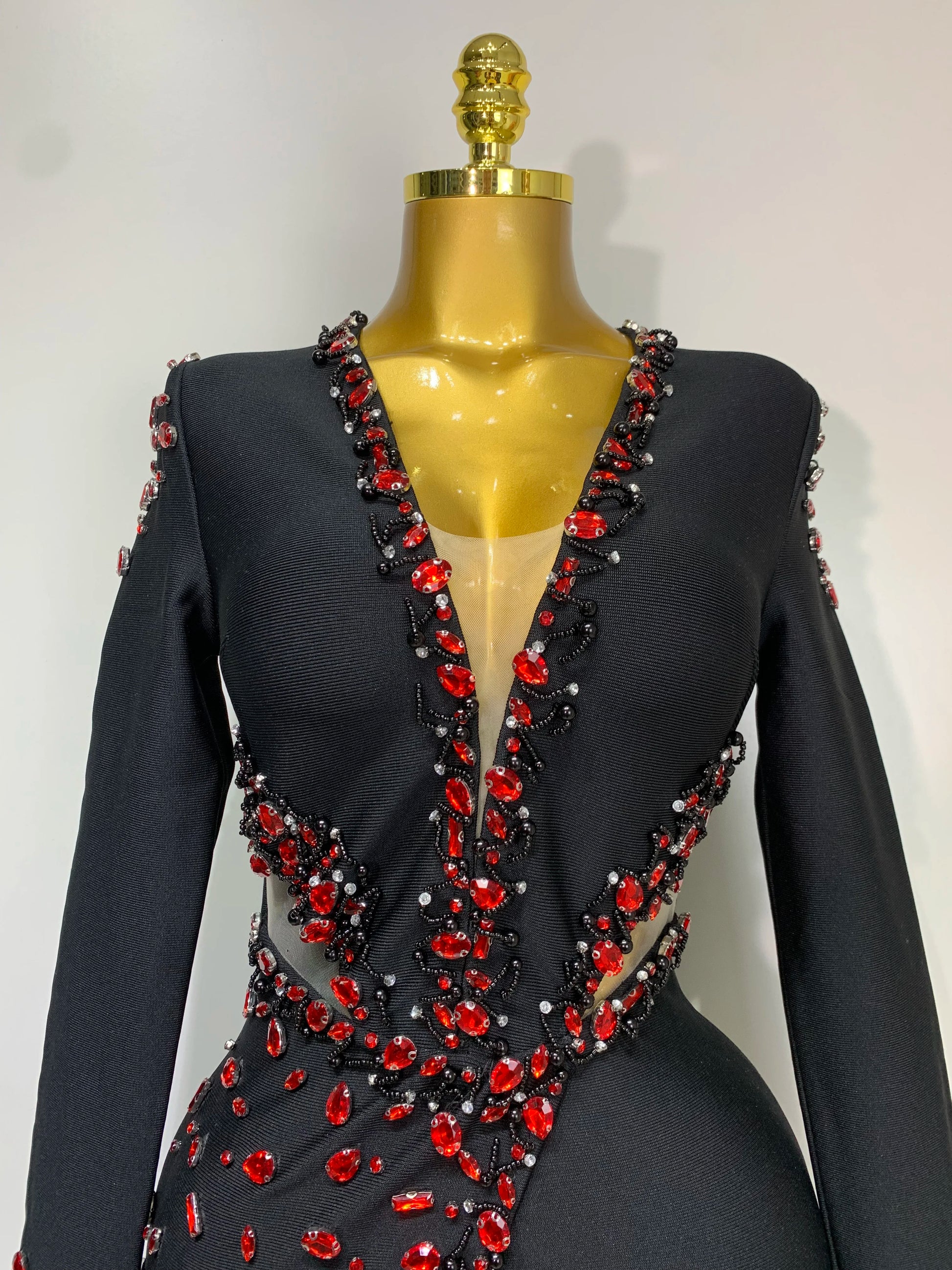 Women's Black Long Sleeve V-Neck Rhinestone Bandage Dress Luxegan