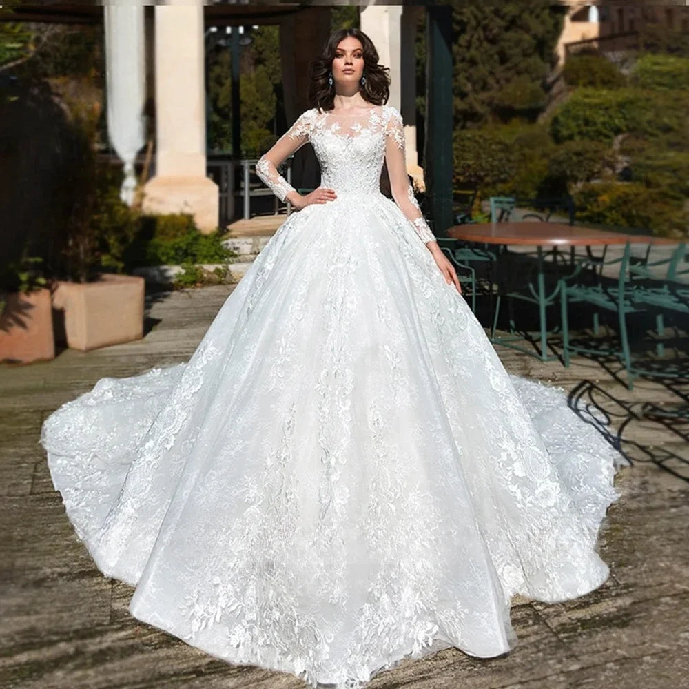 Customized Wedding Dresses Long Sleeve Bride Dress Lace Appliques Scoop Bridal Gown Vestidos De Novia