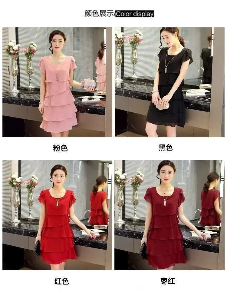 Women's Summer Solid Ruffle Shift Dress | Wave-Cut Short Sleeve Chiffon Sundress | Sweet Knee-Length Regular Fit All-Match Casual Dress Luxegan