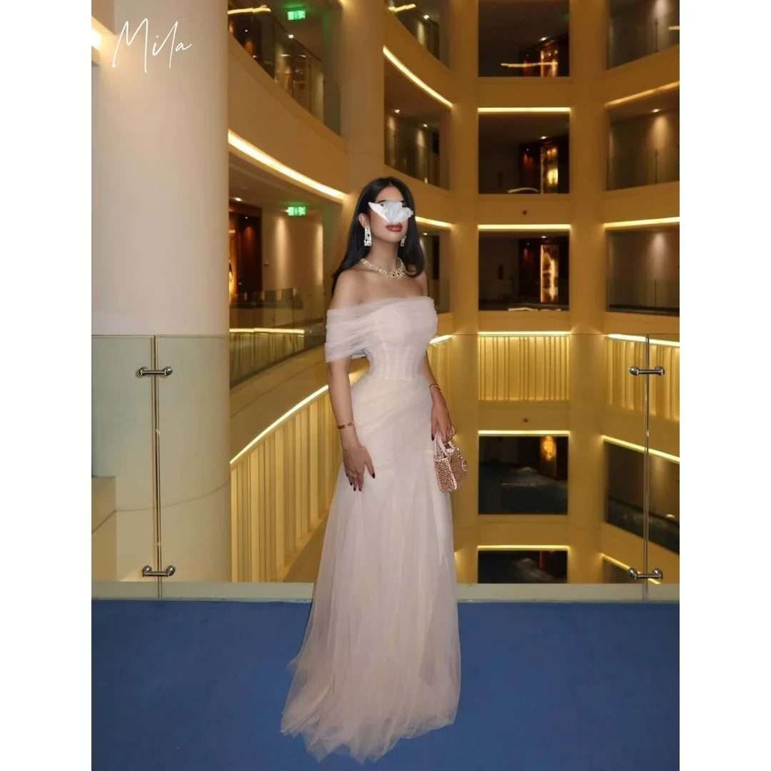 Mila Blush Off Shoulder Prom Dresses with Ruched Tulle Bodice and Mermaid Floor Length Skirt Customized Formal Evening 2026