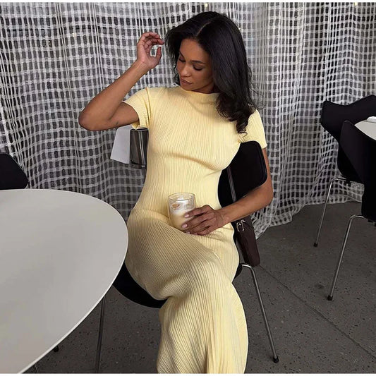 Elegant Women's Knitted Long Dress | Sophisticated O-Neck Short Sleeve Sheath Gown | Elegant "Hip Package" Silhouette | "Dignified" Slight-Stretch Knitwear for Radiant Versatile Summer & Fall Styling Luxegan
