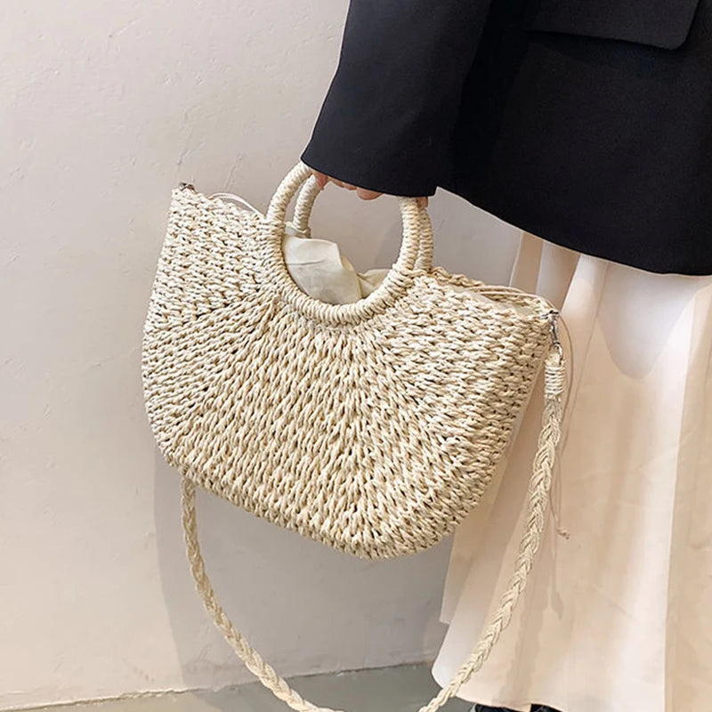 Straw Woven Handbags For Women | Handmade Travel Seaside Beach Bag | Summer New Handle Bucket Bag Shopping Tote Bag Basket Luxegan