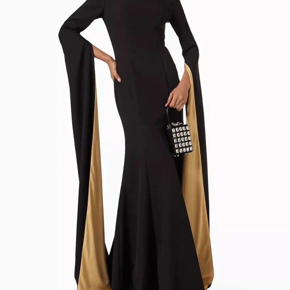 Crystal Draped A-Line Prom Dress | O-Neck Full Sleeve Floor-Length Evening Gown Luxegan