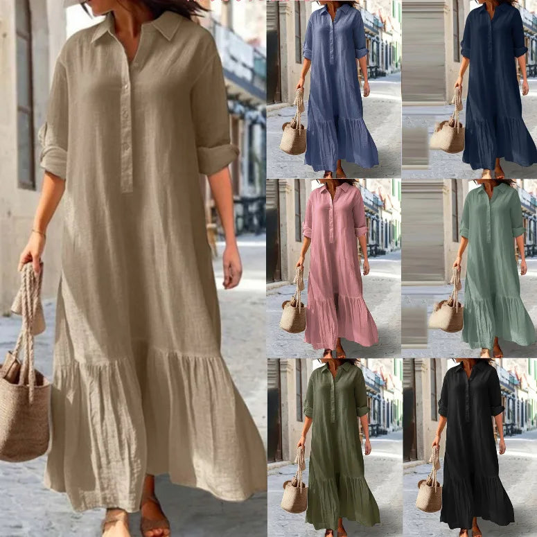 Women's Solid Cotton Hemp Casual Robe Dress | Shirt Collar Twisted Buckle Maxi Dress | Full-Sleeve Loose-Fit A-Line Spring Summer Streetwear Luxegan