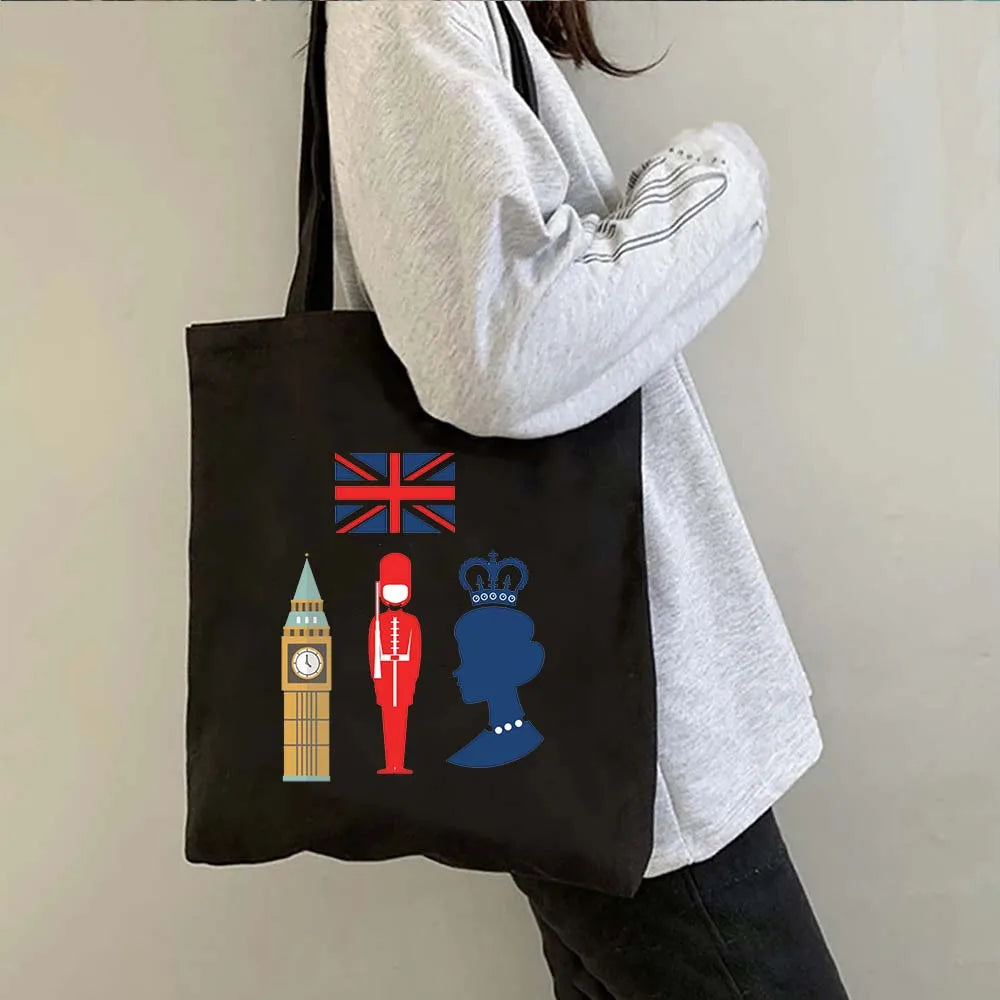 London Big Ben England Map Flag Canvas Tote Bag | UK City Landscape Skyline Shoulder Shopping Handbag (Women's Tourist Gift) Luxegan