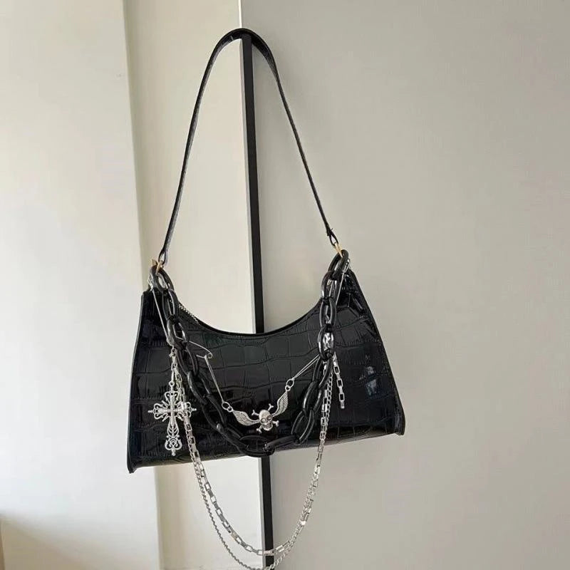 Gothic Dark Punk Underarm Bag | Skull Shoulder Bag & Y2K Chain Crocodile Pattern Crossbody Bag (Korean Popular Aesthetic Handbags) Luxegan