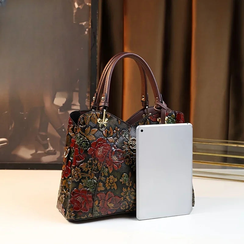 Vintage Flower Pattern Handbag | Luxury PU Leather Tote Bag & Fashion Crossbody Bag For Women Luxegan