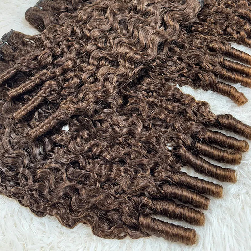 Burmese Highlight Brown Pixie Curly Human Hair Bundles | 12A Grade Raw Virgin Brazilian Curly Weaving | 100% Remy Human Hair Machine Double Weft Bundle Extensions Luxegan