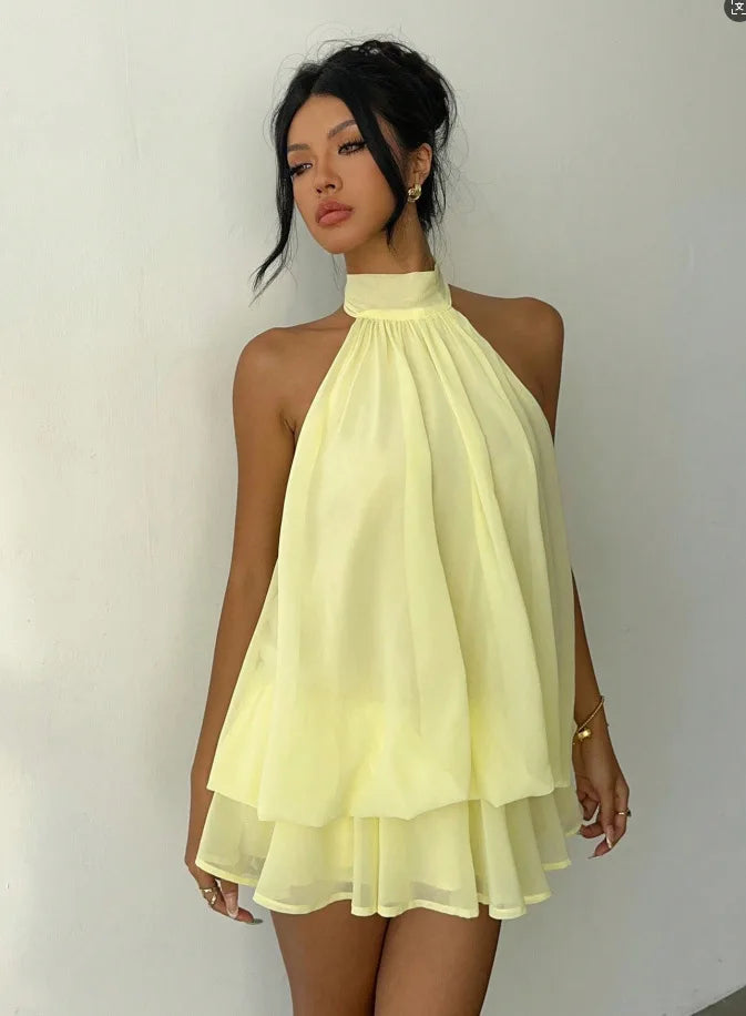 Solid Turtleneck Sleeveless Backless Slim Fit Mini Dress – Summer Luxegan