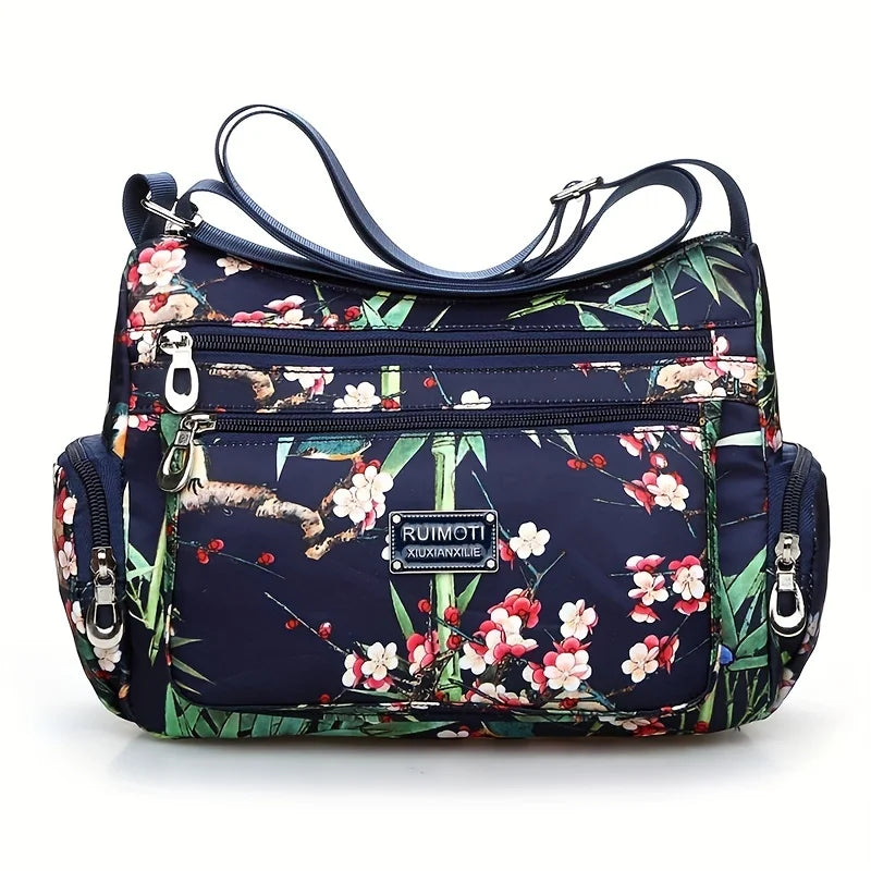 Floral Print Crossbody Bag for Women | Trendy Multi-Layer Nylon Shoulder Bag | Lightweight Travel Messenger & Satchel with Rivet Details Luxegan