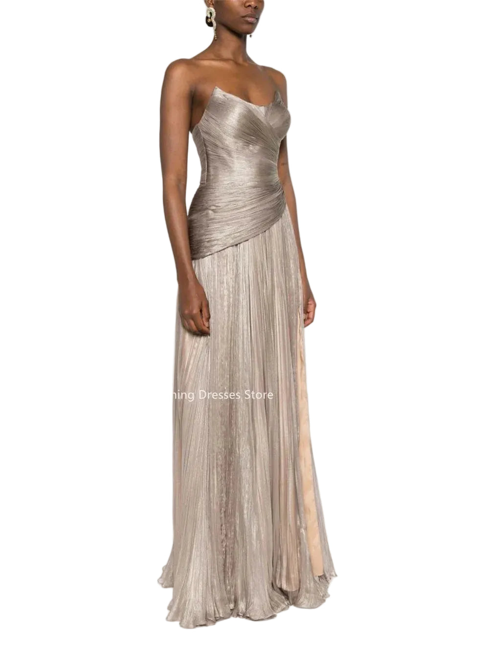 Elegant A-Line Strapless Evening Gown | Shiny Pleated Satin Formal Party Dress | Sophisticated Corset Prom Gown | Premium Sleeveless Floor-Length Non-Woven Gown Model 3MQF251208M Luxegan