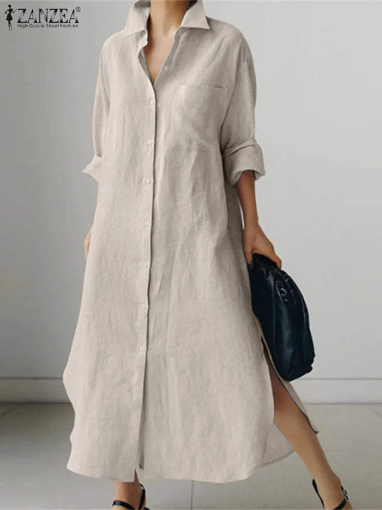 Lapel Neck Button-Down Long Sleeve Loose A-Line Midi Shirt Dress | Boho Vintage Casual Sundress Luxegan