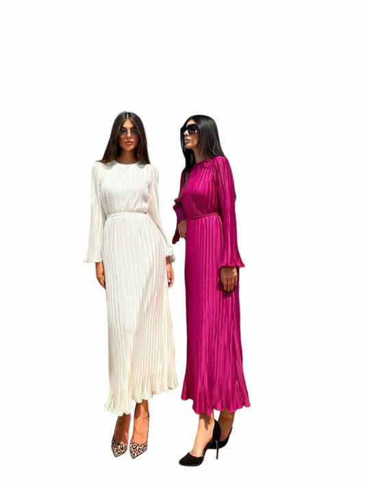Straight Pleated Midi Gown | Sophisticated Long-Sleeve A-Line Dress | Elegant "Flared Sleeve" Silhouette | "Dignified" Polyester Fiber Skirt for Radiant Versatile Casual Styling Luxegan