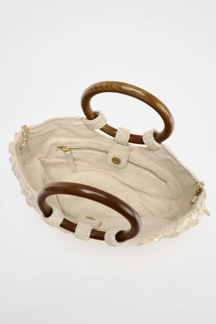 Faux Nacre Appliqué Half-Moon Bag for Women | New Double Circular Top Handles & Removable Chain Crossbody Strap (Fashionable & Versatile) Luxegan